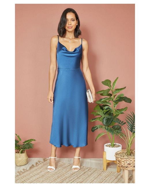 Yumi' Blue Satin Cowl Neck Midi Slip Dress