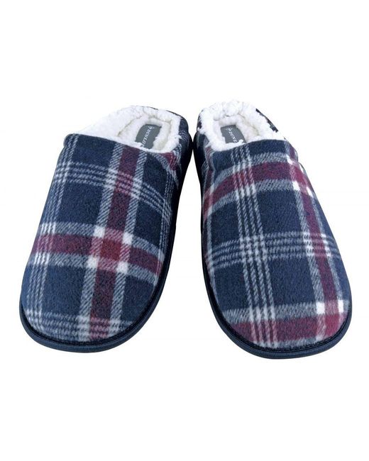 Dunlop Blue Warm Plush Fleece Lined Slip On Mule Checked Plaid House Slippers for men