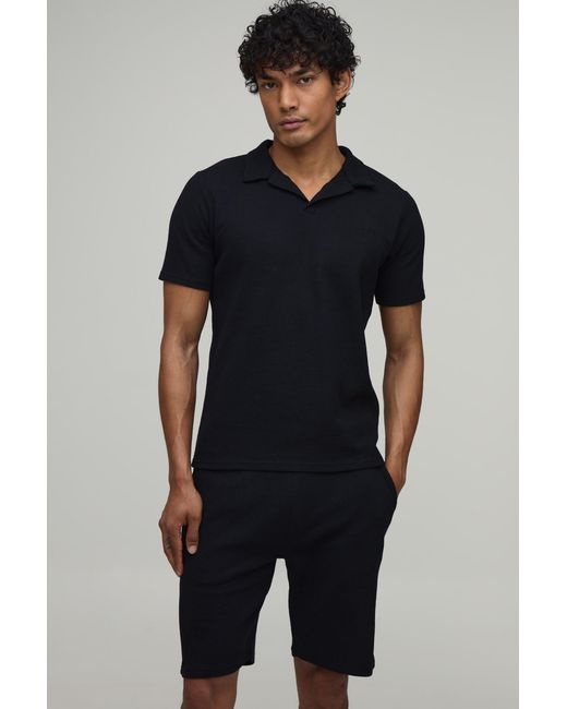 BoohooMAN Blue Slim Fit Waffle Revere Polo & Short Set for men