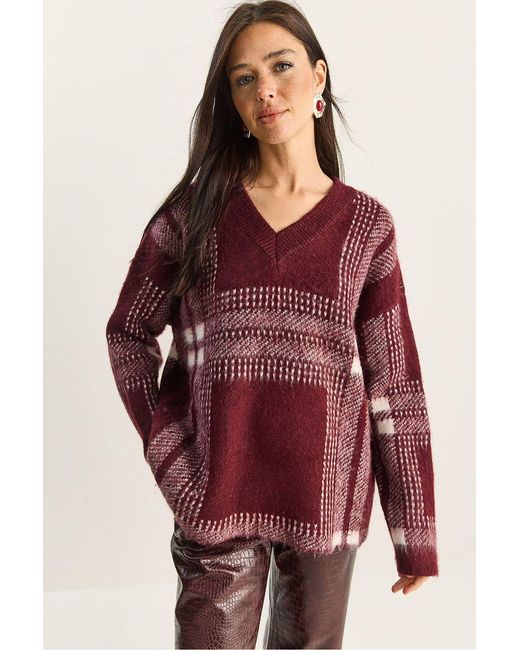 Bianco Lucci Red Plaid V-Neck Long Sleeve Knit Sweater