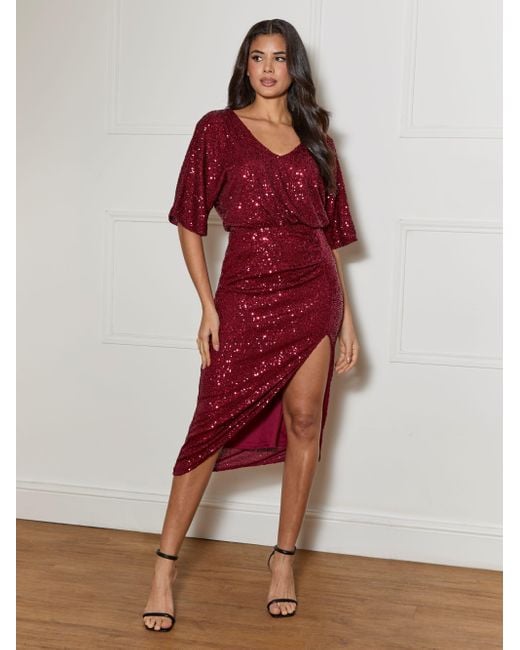 Chi Chi London Red V Neck Sequin Midi Dress
