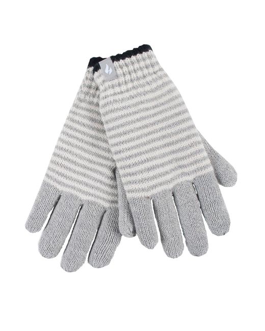 Heat Holders Gray Ladies Striped Fleece Lined Knitted Warm Thermal Winter Gloves