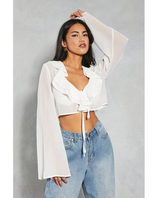 MissPap Chiffon Frill Layered Flute Sleeve Cropped Blouse in