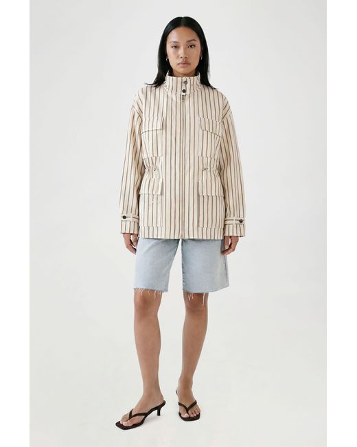Boohoo Natural Funnel Neck Cinched Waist Stripe Shirt