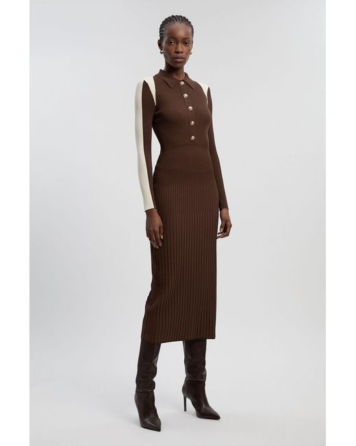 Karen Millen Brown Rib Knit Military Colour Block Midi Dress