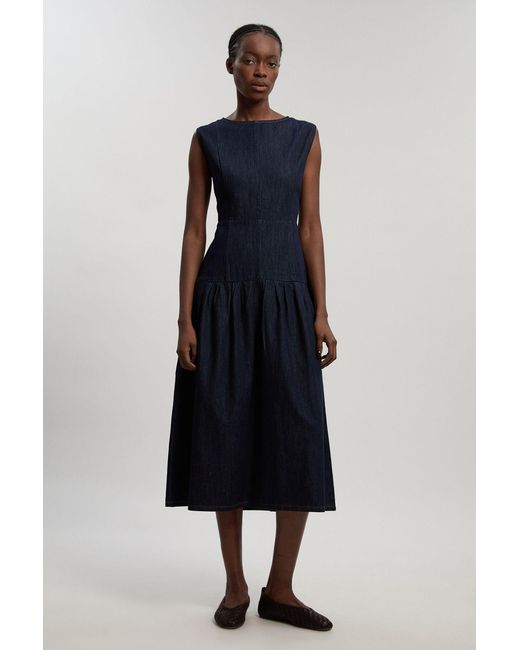 Karen Millen Blue Petite Denim Dropped Waist Full Skirted Midi Dress