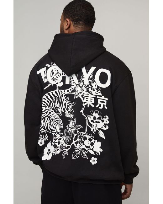 BoohooMAN Black Plus Oversized Tokyo Floral Printed Hoodie for men