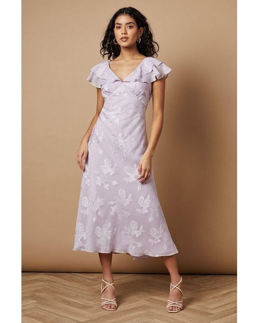 Oasis Brown Petite Plain Satin Burnout Ruffle Midi Dress