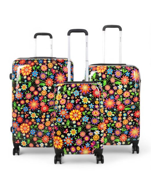 Infinity Leather Black Expandable Hard Shell Flower 8 Wheels Suitcase Print Luggage Set
