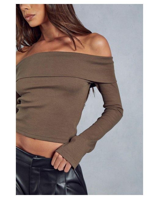 MissPap Gray Ribbed Off The Shoulder Long Sleeve Top
