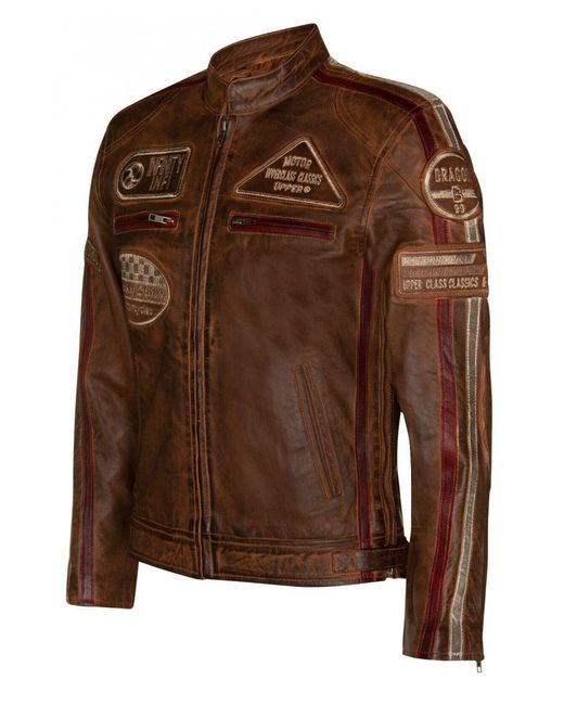 Infinity Leather Brown Zipped Racing Biker Moto Jacket for men