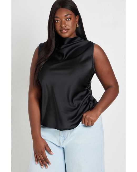 Boohoo Black Plus Satin Drape Ruched Side Top