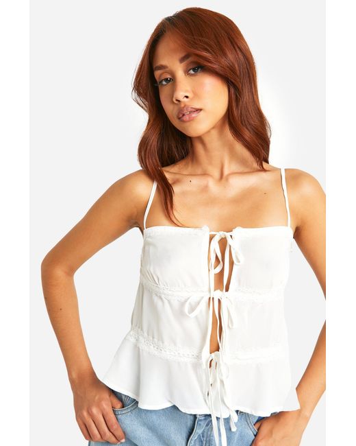 Boohoo White Lace Trim Tie Cami