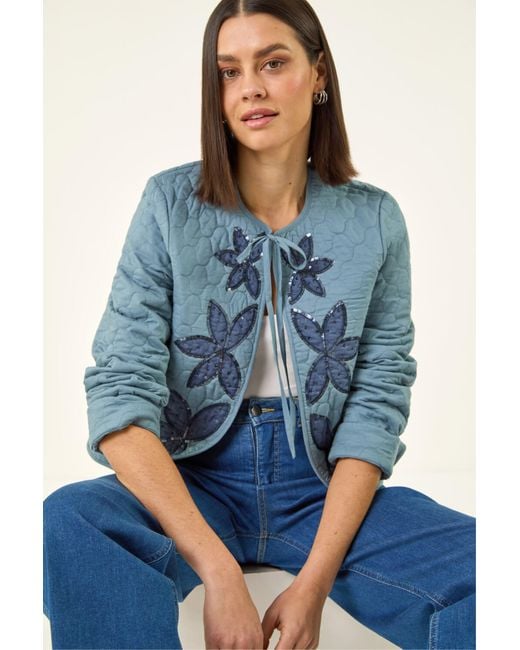 Roman Blue Sequin Embellished Quilted Jacket