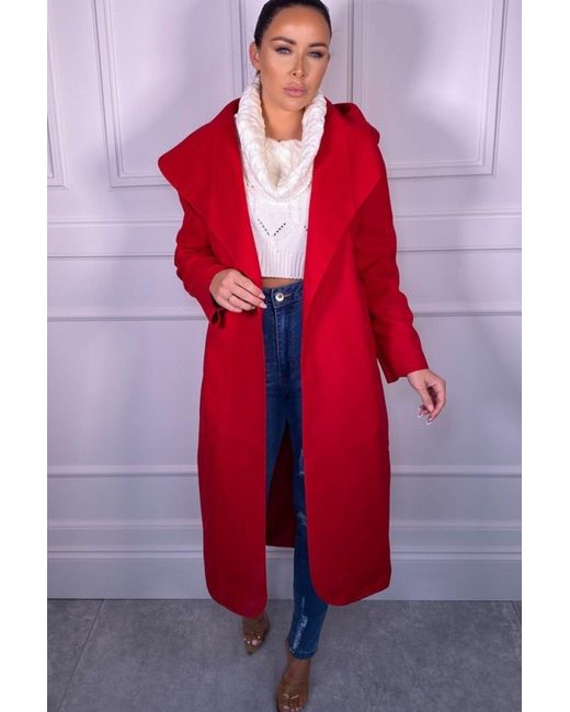 Femme Luxe Red Waterfall Duster Belted Long Coat