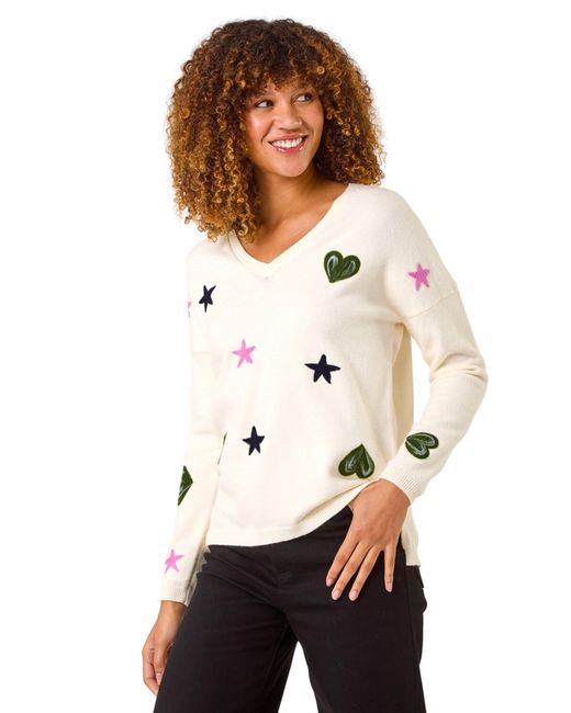 Roman White Heart & Star V-Neck Flock Jumper