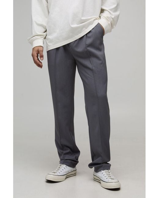 BoohooMAN Gray Straight Fit Smart Elasticated Pintuck Trousers for men
