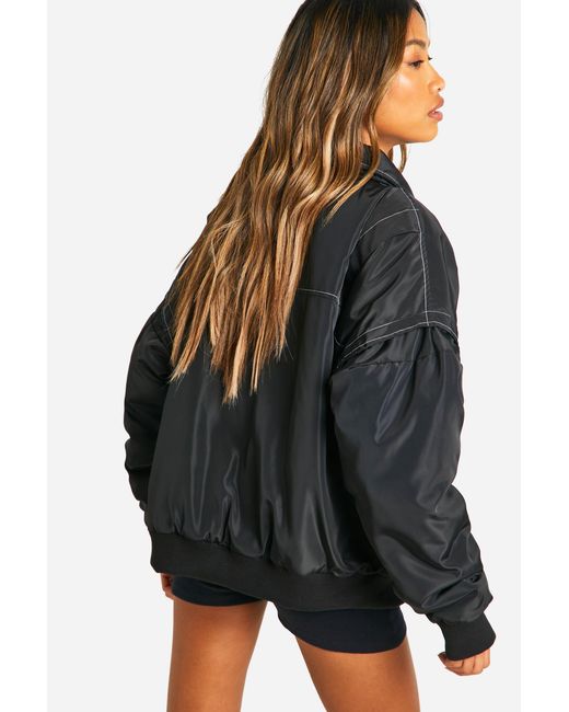 Boohoo Black Contrast Stitch Detail Oversized Bomber Jacket