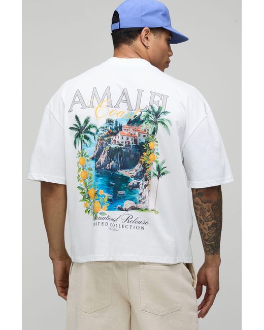 BoohooMAN Blue Oversized Boxy Amalfi Print T-Shirt Cotton for men