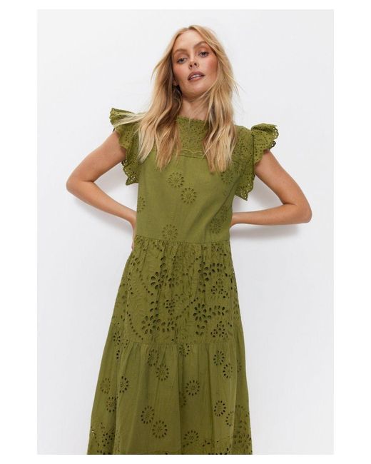 Warehouse Green Broderie Mix Tiered Midi Dress