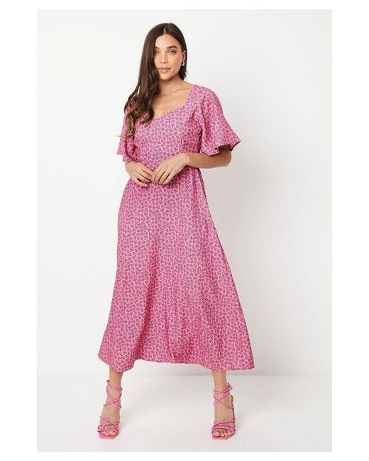 Dorothy Perkins Pink Petite Ditsy Flutter Sleeve Tie Back Midi Dress Viscose