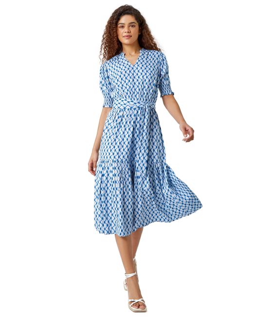 Roman Blue Geometric Tiered Belted Midi Dress