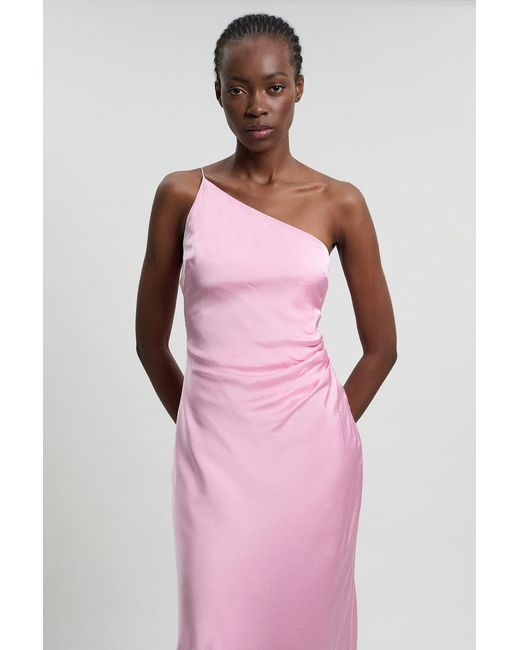 Karen Millen Pink Viscose Satin Asymmetric Detail Midi Dress