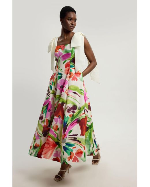 Karen Millen Pink Viscose Linen Floral Print Woven Prom Dress