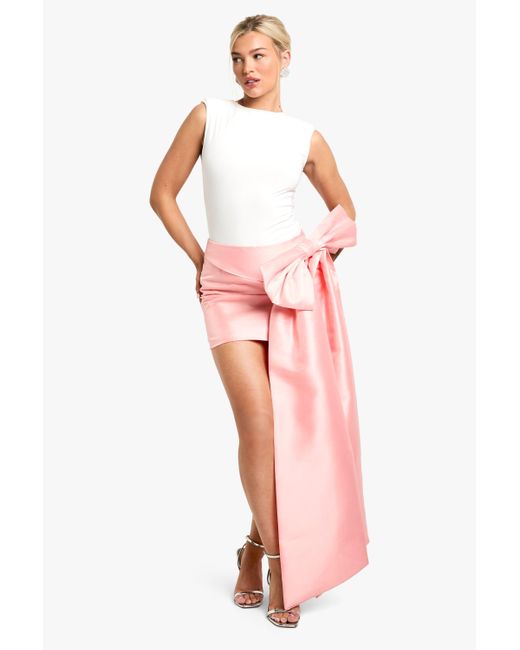 Boohoo Premium Structured Bow Draped Satin Mini Skirt