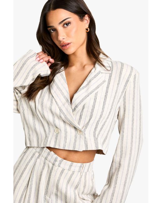 Boohoo White Petite Stripe Linen Look Cropped Blazer
