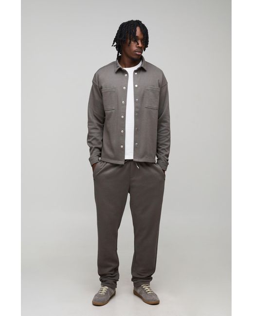 BoohooMAN Gray Tall Regular Fit Textured Over Shirt & Tapered Trouser Set for men