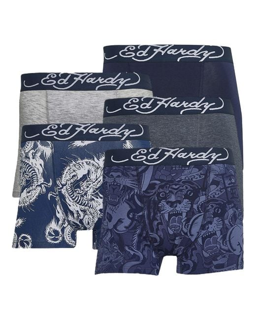 Ed Hardy Blue 5 Pack Cotton Rich Stretch Boxers Elastic Waistband Underwear for men