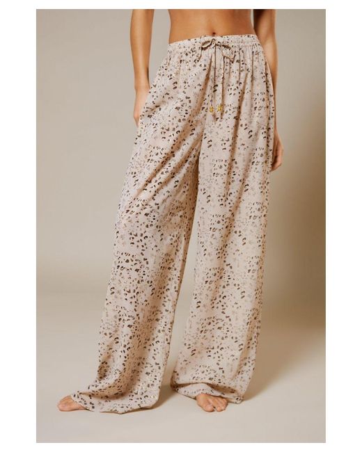 Warehouse Natural Georgette Animal Foil Wide Leg Trousers