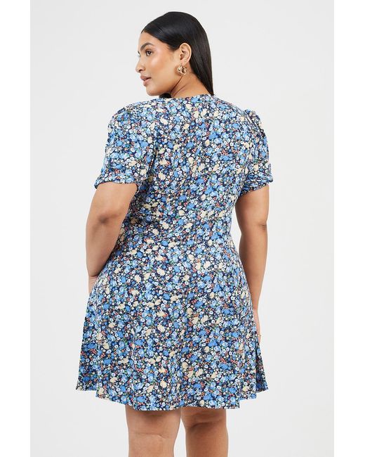 Brave Soul Blue Curve Floral Puff Sleeve V-Neck Mini Dress