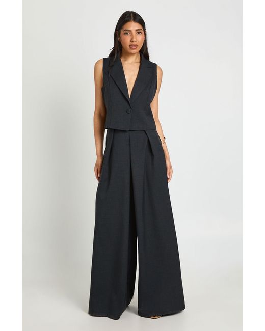 Boohoo Blue Tall Linen Look Pleat Front Wide Leg Tailored Trousers