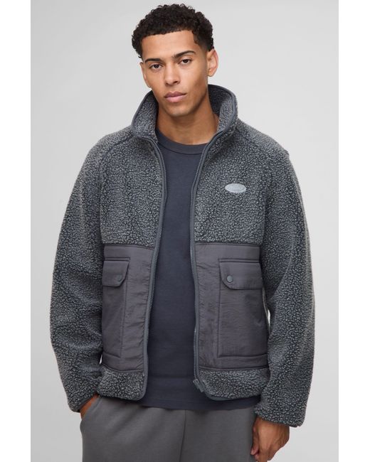 BoohooMAN Gray Regular Fit Two Tone Borg Nylon Mix Funnel Neck Zip Through Jacket for men