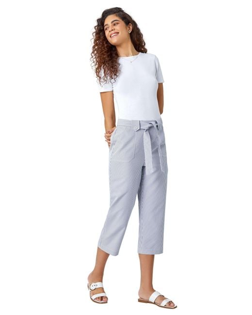 Roman Blue Stripe Elastic Tie Waist Cropped Trousers