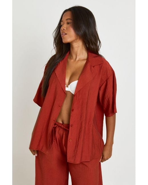 Boohoo Red Linen Look Short Sleeve Beach Shirt