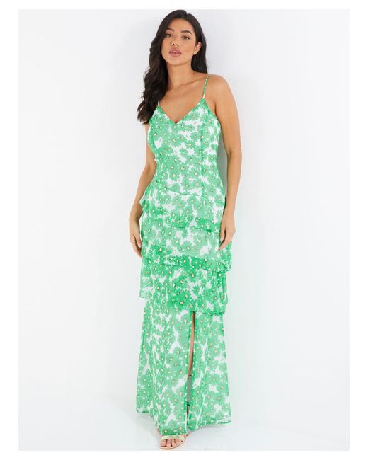 Quiz Green Chiffon Floral Tiered Maxi Dress