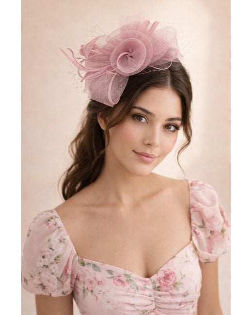 SVNX Pink Double Flower Feather Fascinator