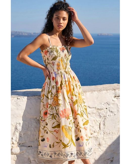 Roman Blue Petite Floral Print Shirred Midi Dress