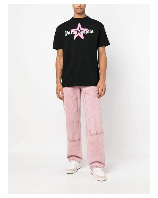 Palm Angels Pink Star Sprayed Logo-print T-shirt Black Cotton for men