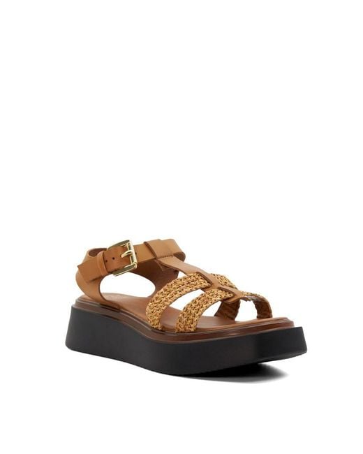 Dune Brown Lyons Leather & Raffia Flatform Sandals