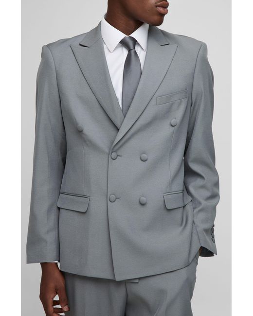 BoohooMAN Gray Oversized Double Breasted Exaggerated Collar Satin Blazer for men