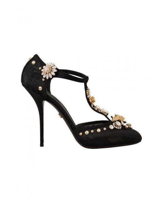 Dolce & Gabbana Black Mesh Crystals T-strap Heels Pumps Shoes