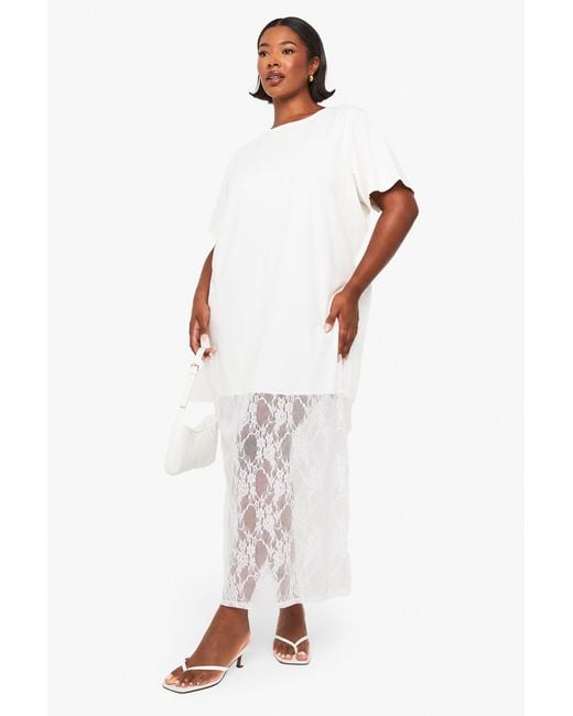Boohoo White Plus Lace Detail Midaxi T-Shirt Dress