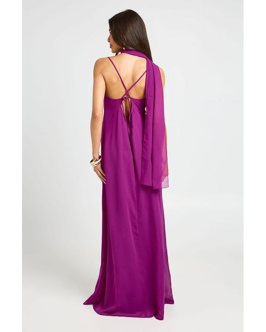 Boohoo Purple Chiffon Cowl Neck Maxi Dress With Scarf