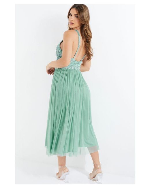 Quiz Green Sequin Tulle Midi Dress