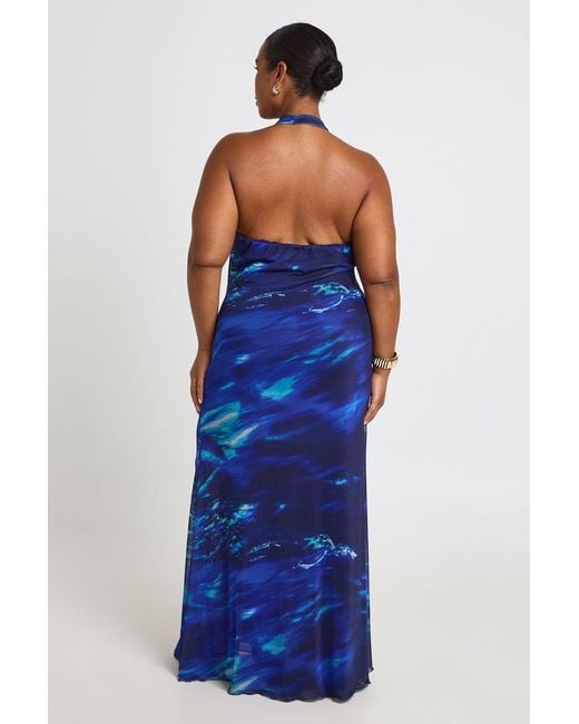 Boohoo Blue Plus Abstract Cowl Neck Trim Detail Maxi Dress