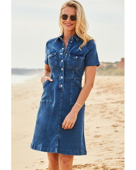 Sosandar Blue Popper Front Short Sleeve Stretch Denim Dress Cotton